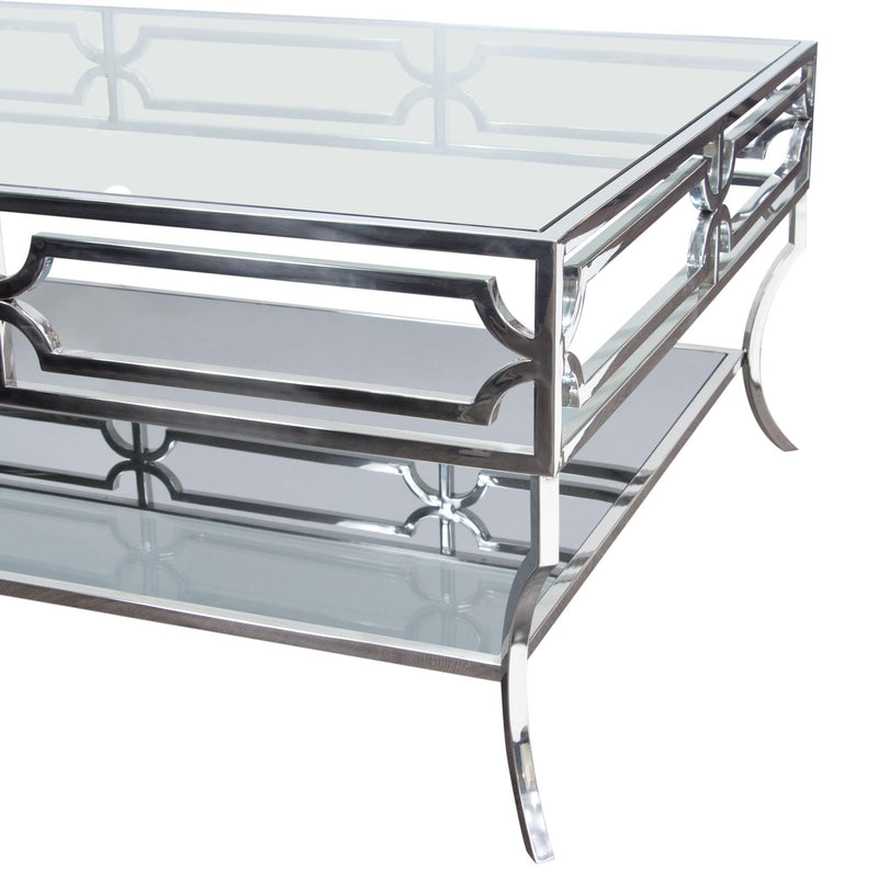 Avalon Cocktail Table with Clear Glass Top, Mirrored Shelf & Stainless Steel Frame by Diamond Sofa - R&R Furniture Gallery (Fountain Valley, CA)