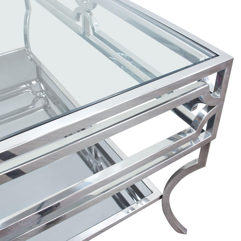Avalon Cocktail Table with Clear Glass Top, Mirrored Shelf & Stainless Steel Frame by Diamond Sofa - R&R Furniture Gallery (Fountain Valley, CA)