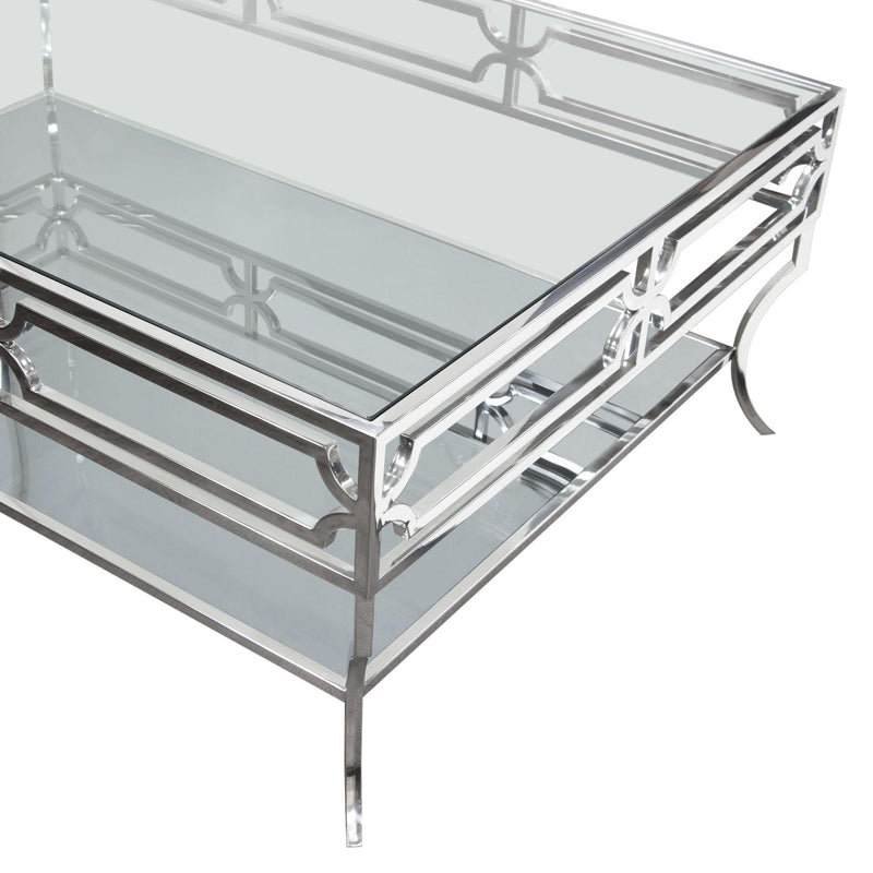 Avalon Cocktail Table with Clear Glass Top, Mirrored Shelf & Stainless Steel Frame by Diamond Sofa - R&R Furniture Gallery (Fountain Valley, CA)
