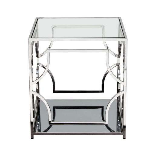 Avalon End Table with Clear Glass Top, Mirrored Shelf & Stainless Steel Frame by Diamond Sofa - R&R Furniture Gallery (Fountain Valley, CA)