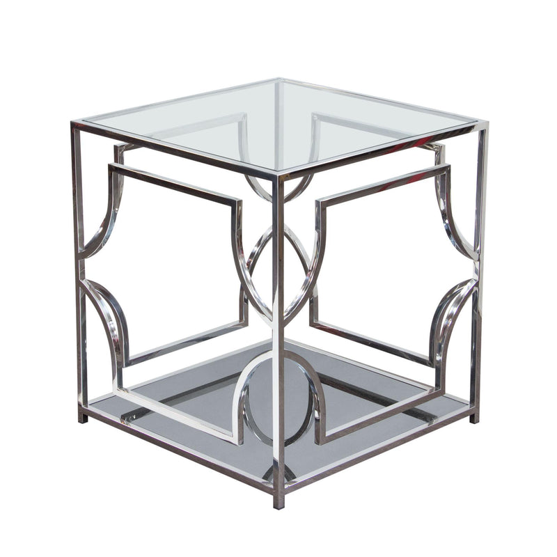 Avalon End Table with Clear Glass Top, Mirrored Shelf & Stainless Steel Frame by Diamond Sofa - R&R Furniture Gallery (Fountain Valley, CA)