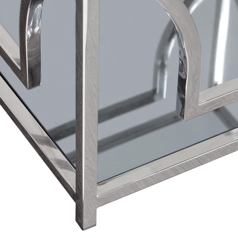 Avalon End Table with Clear Glass Top, Mirrored Shelf & Stainless Steel Frame by Diamond Sofa - R&R Furniture Gallery (Fountain Valley, CA)