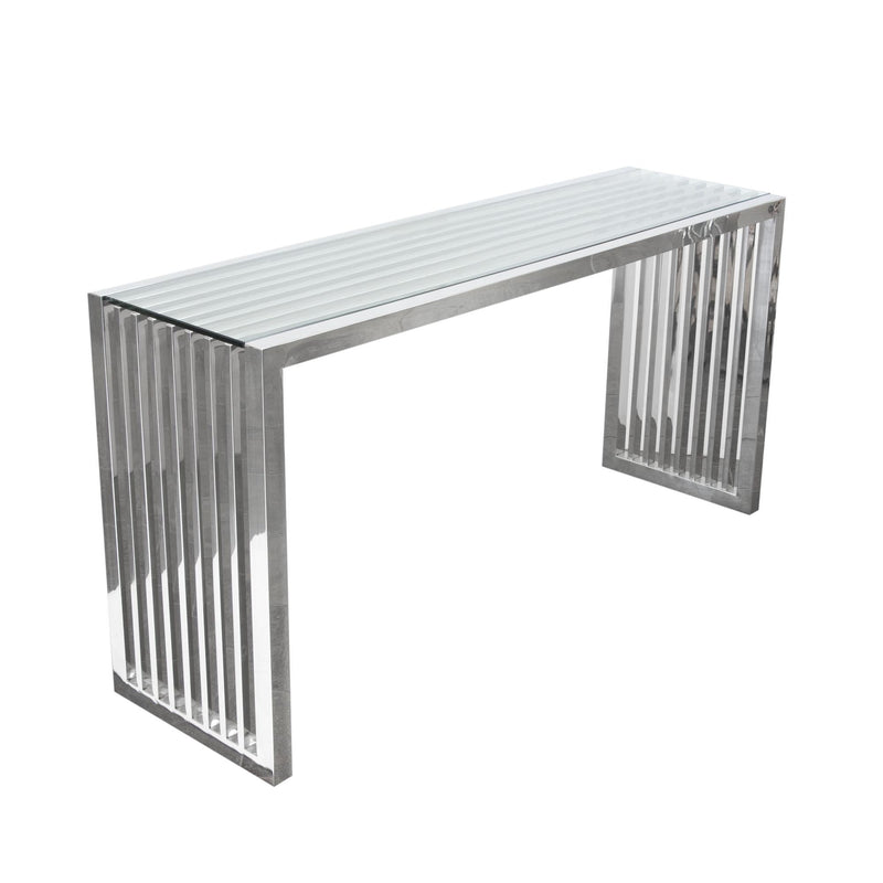 SOHO Rectangular Stainless Steel Console Table w/ Clear, Tempered Glass Top by Diamond Sofa - R&R Furniture Gallery (Fountain Valley, CA)
