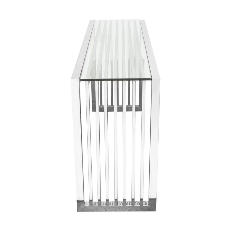 SOHO Rectangular Stainless Steel Console Table w/ Clear, Tempered Glass Top by Diamond Sofa - R&R Furniture Gallery (Fountain Valley, CA)