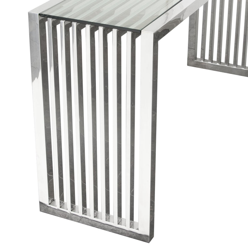 SOHO Rectangular Stainless Steel Console Table w/ Clear, Tempered Glass Top by Diamond Sofa - R&R Furniture Gallery (Fountain Valley, CA)