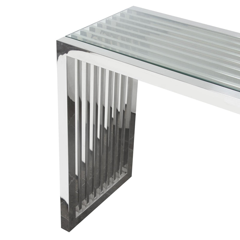 SOHO Rectangular Stainless Steel Console Table w/ Clear, Tempered Glass Top by Diamond Sofa - R&R Furniture Gallery (Fountain Valley, CA)