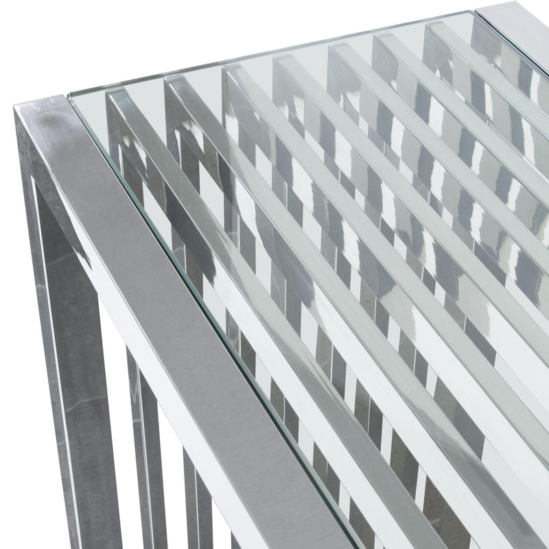 SOHO Rectangular Stainless Steel Console Table w/ Clear, Tempered Glass Top by Diamond Sofa - R&R Furniture Gallery (Fountain Valley, CA)