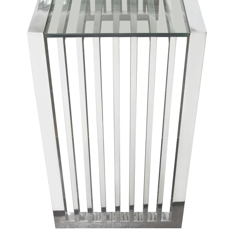SOHO Rectangular Stainless Steel Console Table w/ Clear, Tempered Glass Top by Diamond Sofa - R&R Furniture Gallery (Fountain Valley, CA)