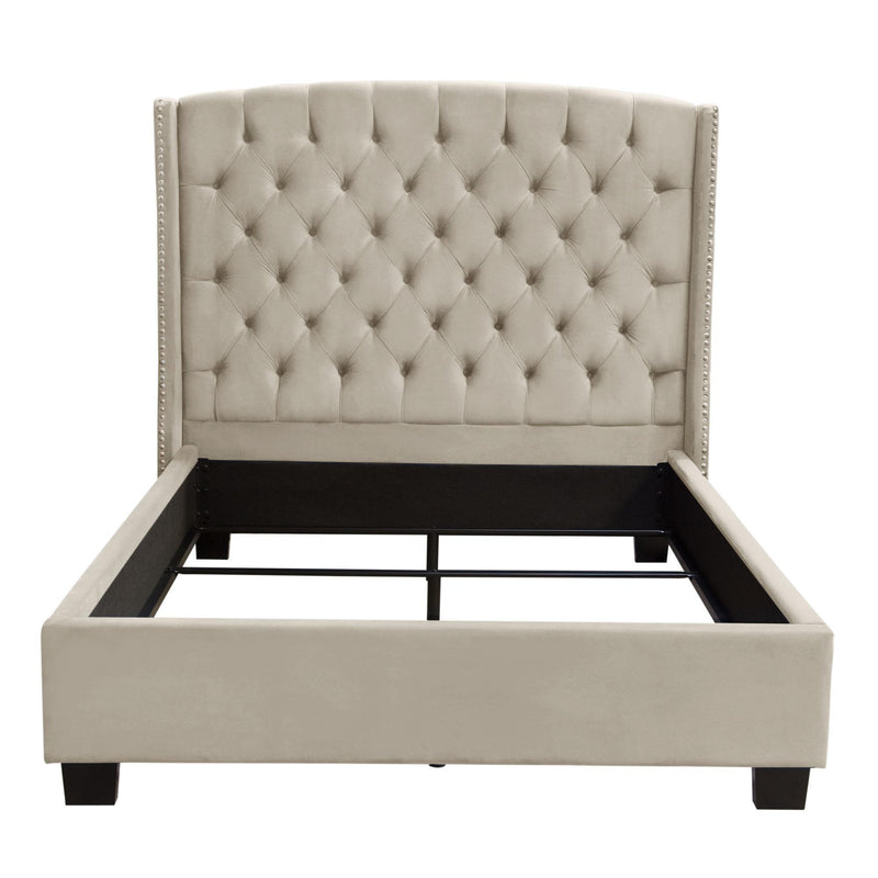 Majestic Queen Tufted Bed in Tan Velvet with Nail Head Wing Accents by Diamond Sofa - R&R Furniture Gallery (Fountain Valley, CA)