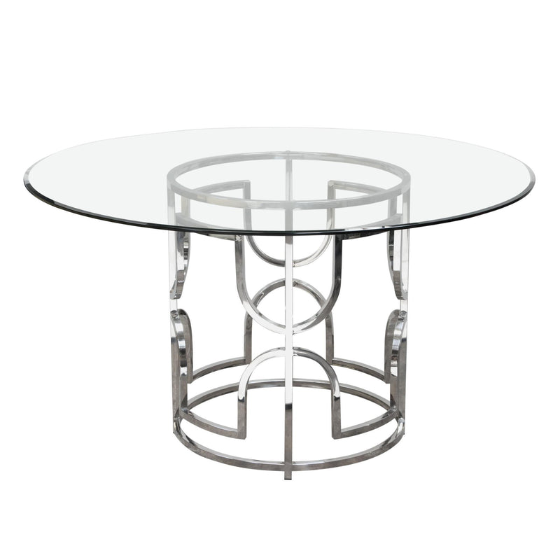 Avalon 54" Round Glass Top Dining Table with Round Stainless Steel Base by Diamond Sofa - R&R Furniture Gallery (Fountain Valley, CA)