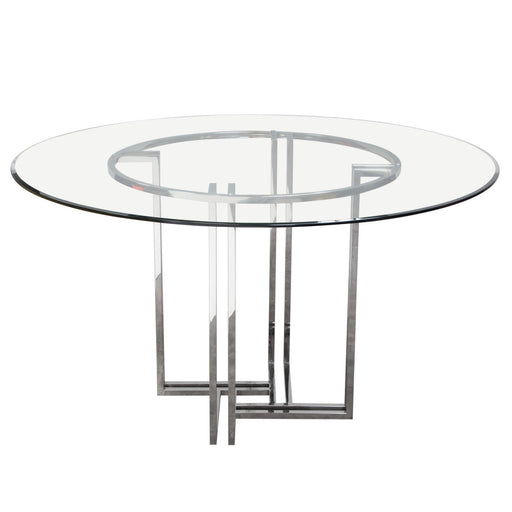 DEKO Polished Stainless Steel Round Dining Table w/ Clear, Tempered Glass Top by Diamond Sofa - R&R Furniture Gallery (Fountain Valley, CA)