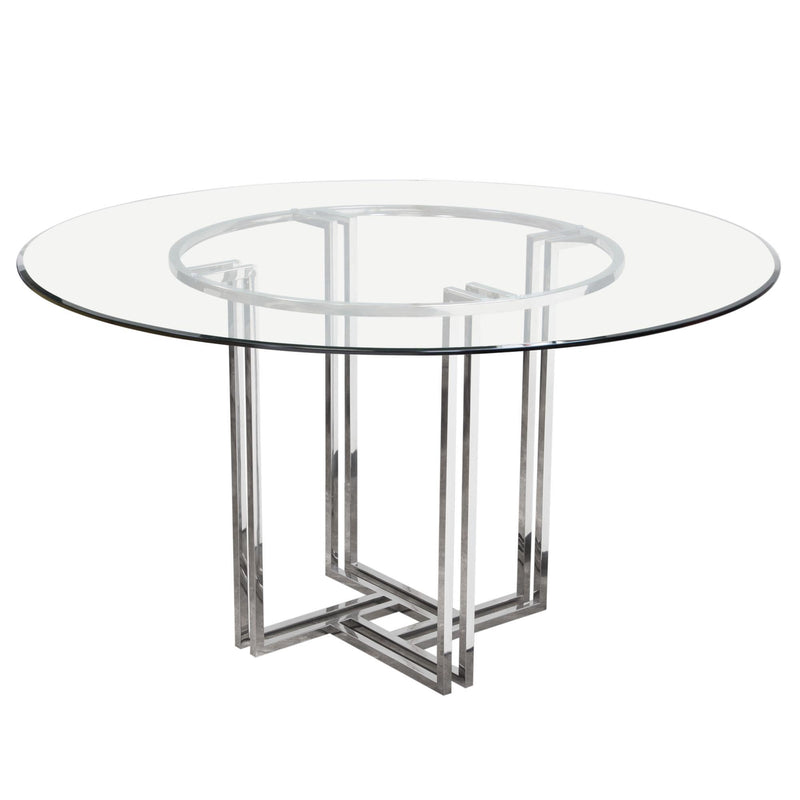 DEKO Polished Stainless Steel Round Dining Table w/ Clear, Tempered Glass Top by Diamond Sofa - R&R Furniture Gallery (Fountain Valley, CA)