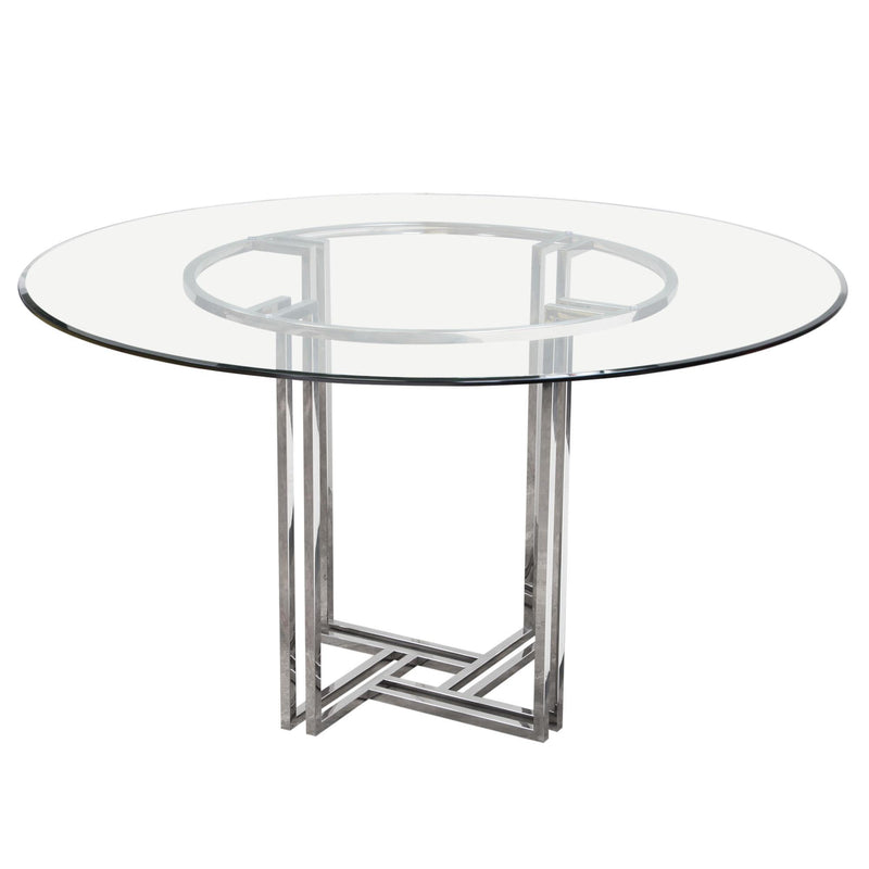 DEKO Polished Stainless Steel Round Dining Table w/ Clear, Tempered Glass Top by Diamond Sofa - R&R Furniture Gallery (Fountain Valley, CA)