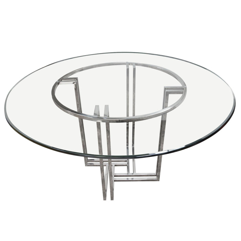 DEKO Polished Stainless Steel Round Dining Table w/ Clear, Tempered Glass Top by Diamond Sofa - R&R Furniture Gallery (Fountain Valley, CA)