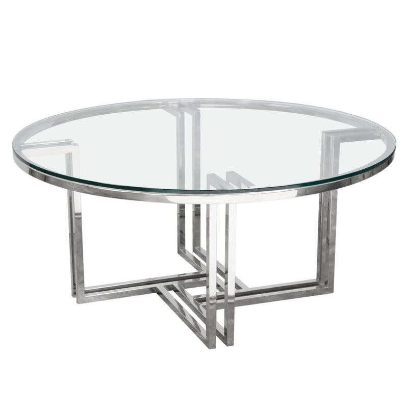 DEKO Polished Stainless Steel Round Cocktail Table w/ Clear, Tempered Glass Top by Diamond Sofa - R&R Furniture Gallery (Fountain Valley, CA)