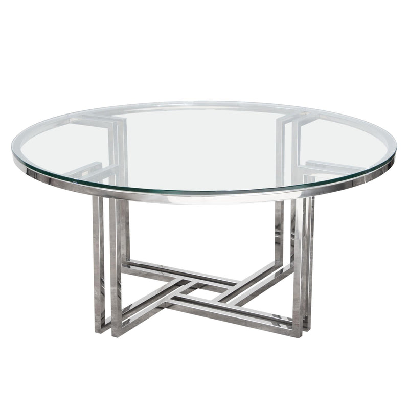 DEKO Polished Stainless Steel Round Cocktail Table w/ Clear, Tempered Glass Top by Diamond Sofa - R&R Furniture Gallery (Fountain Valley, CA)
