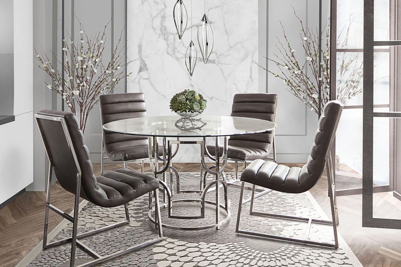 Avalon 54" Round Glass Top Dining Table with Round Stainless Steel Base by Diamond Sofa - R&R Furniture Gallery (Fountain Valley, CA)