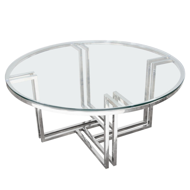 DEKO Polished Stainless Steel Round Cocktail Table w/ Clear, Tempered Glass Top by Diamond Sofa - R&R Furniture Gallery (Fountain Valley, CA)
