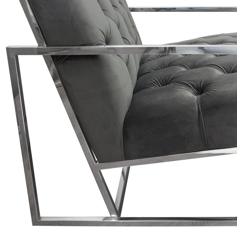 Luxe Accent Chair in Dusk Grey Tufted Velvet Fabric with Polished Stainless Steel Frame by Diamond Sofa - R&R Furniture Gallery (Fountain Valley, CA)