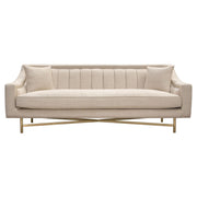 Croft Fabric Sofa in Sand Linen Fabric w/ Accent Pillows and Gold Metal Criss-Cross Frame by Diamond Sofa - R&R Furniture Gallery (Fountain Valley, CA)