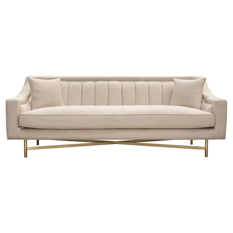 Croft Fabric Sofa in Sand Linen Fabric w/ Accent Pillows and Gold Metal Criss-Cross Frame by Diamond Sofa - R&R Furniture Gallery (Fountain Valley, CA)