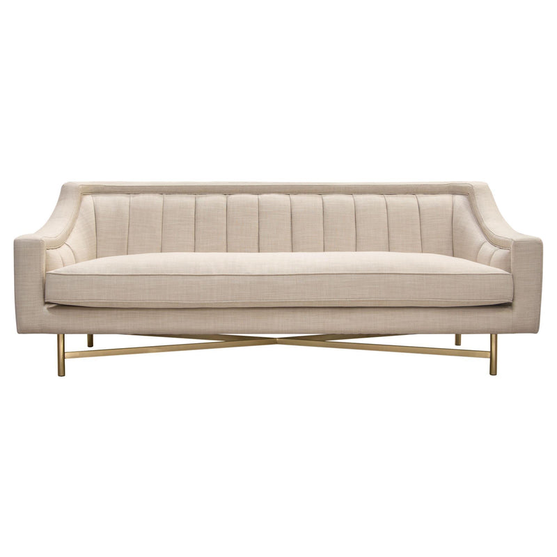 Croft Fabric Sofa in Sand Linen Fabric w/ Accent Pillows and Gold Metal Criss-Cross Frame by Diamond Sofa - R&R Furniture Gallery (Fountain Valley, CA)
