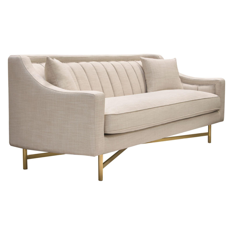 Croft Fabric Sofa in Sand Linen Fabric w/ Accent Pillows and Gold Metal Criss-Cross Frame by Diamond Sofa - R&R Furniture Gallery (Fountain Valley, CA)