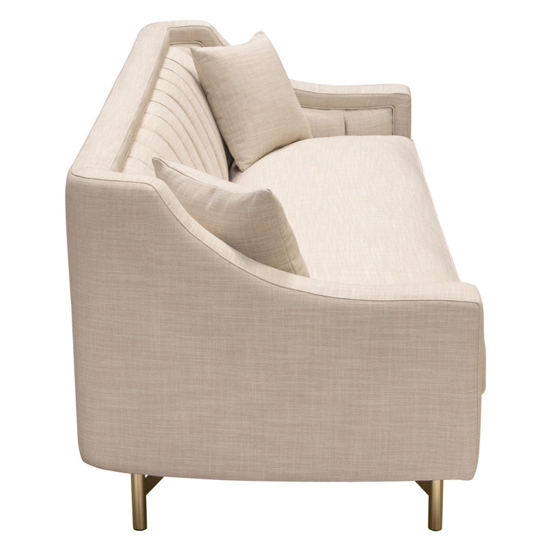 Croft Fabric Sofa in Sand Linen Fabric w/ Accent Pillows and Gold Metal Criss-Cross Frame by Diamond Sofa - R&R Furniture Gallery (Fountain Valley, CA)