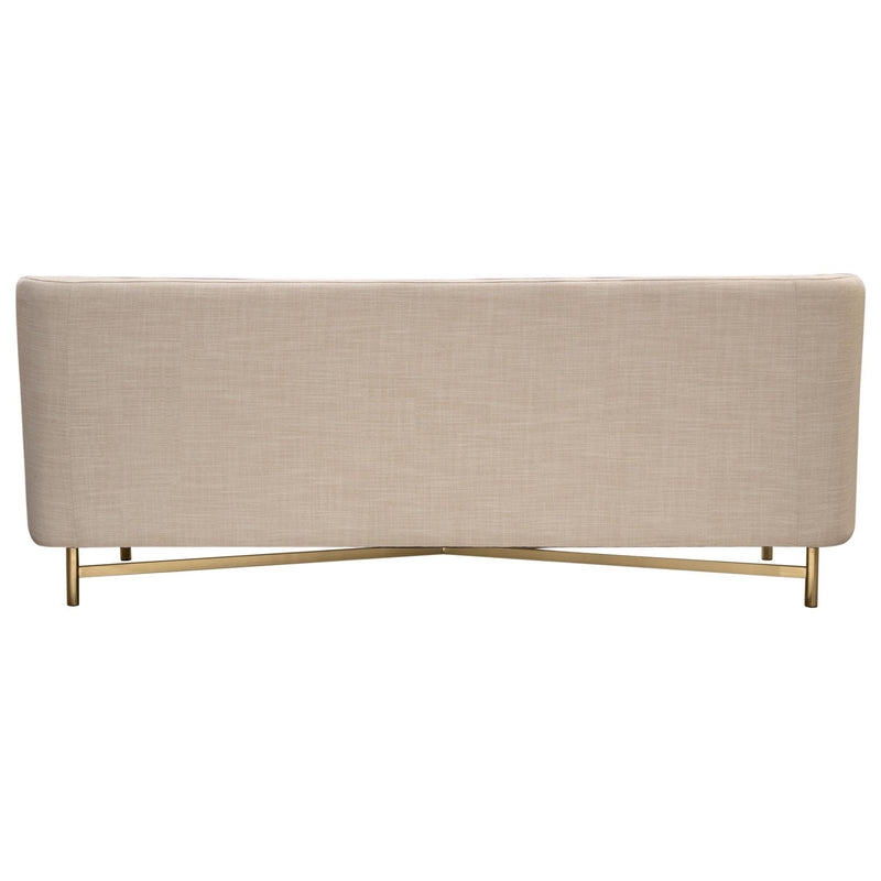 Croft Fabric Sofa in Sand Linen Fabric w/ Accent Pillows and Gold Metal Criss-Cross Frame by Diamond Sofa - R&R Furniture Gallery (Fountain Valley, CA)