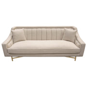 Croft Fabric Sofa in Sand Linen Fabric w/ Accent Pillows and Gold Metal Criss-Cross Frame by Diamond Sofa - R&R Furniture Gallery (Fountain Valley, CA)