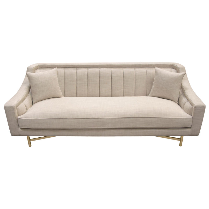 Croft Fabric Sofa in Sand Linen Fabric w/ Accent Pillows and Gold Metal Criss-Cross Frame by Diamond Sofa - R&R Furniture Gallery (Fountain Valley, CA)