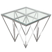Omni Square End Table with Clear Tempered Glass Top and Polished Stainless Steel Base by Diamond Sofa - R&R Furniture Gallery (Fountain Valley, CA)