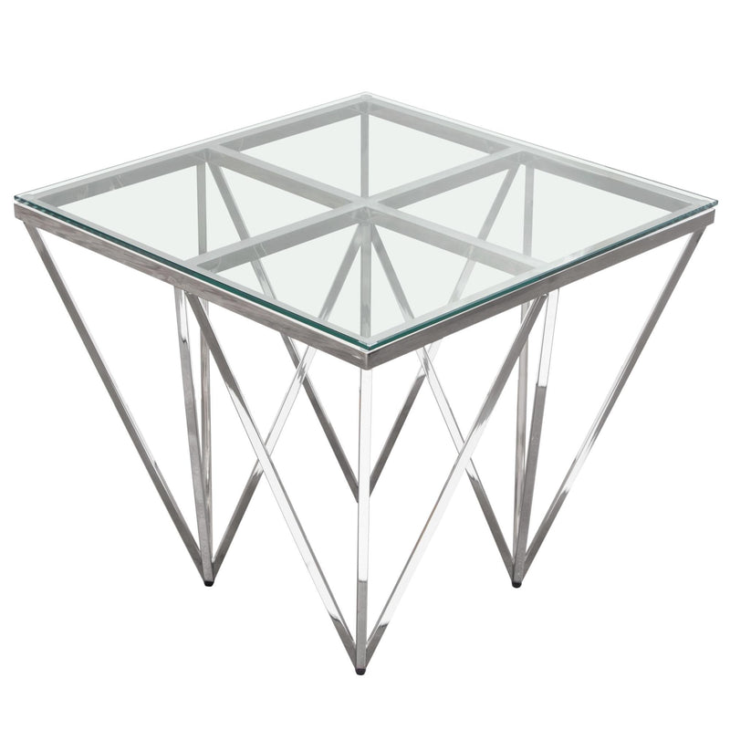 Omni Square End Table with Clear Tempered Glass Top and Polished Stainless Steel Base by Diamond Sofa - R&R Furniture Gallery (Fountain Valley, CA)