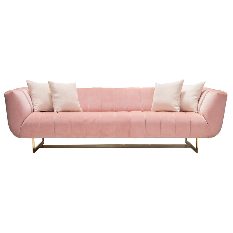 Venus Sofa in Blush Pink Velvet w/ Contrasting Pillows & Gold Finished Metal Base by Diamond Sofa - R&R Furniture Gallery (Fountain Valley, CA)