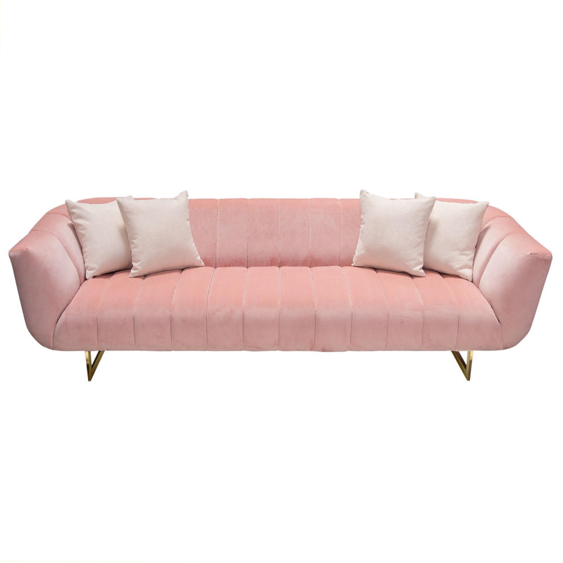 Venus Sofa in Blush Pink Velvet w/ Contrasting Pillows & Gold Finished Metal Base by Diamond Sofa - R&R Furniture Gallery (Fountain Valley, CA)