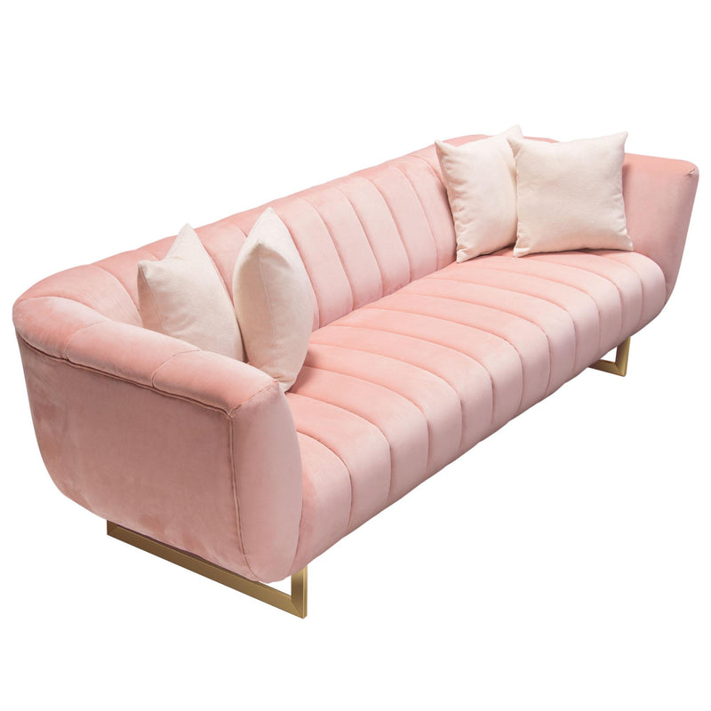 Venus Sofa in Blush Pink Velvet w/ Contrasting Pillows & Gold Finished Metal Base by Diamond Sofa - R&R Furniture Gallery (Fountain Valley, CA)