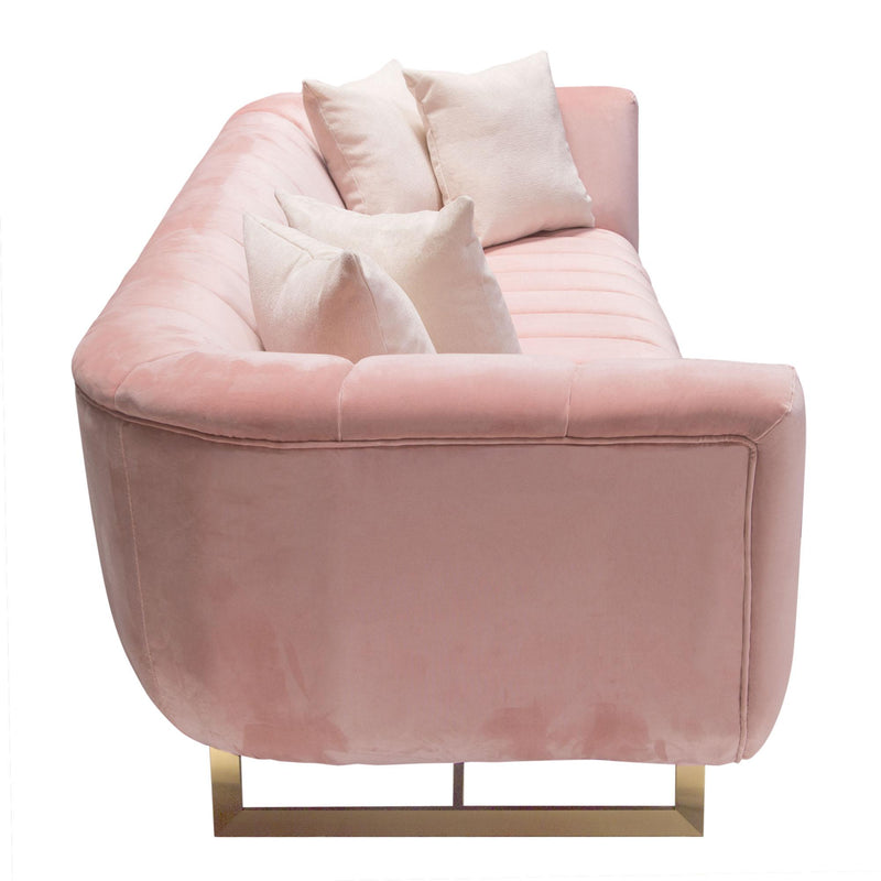 Venus Sofa in Blush Pink Velvet w/ Contrasting Pillows & Gold Finished Metal Base by Diamond Sofa - R&R Furniture Gallery (Fountain Valley, CA)