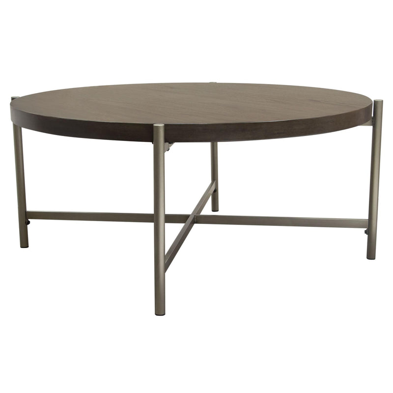 Atwood 40" Round Cocktail Table w/ Grey Oak Veneer Top & Brushed Silver Metal Base by Diamond Sofa - R&R Furniture Gallery (Fountain Valley, CA)