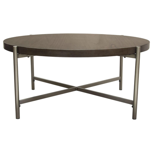 Atwood 40" Round Cocktail Table w/ Grey Oak Veneer Top & Brushed Silver Metal Base by Diamond Sofa - R&R Furniture Gallery (Fountain Valley, CA)