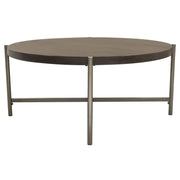 Atwood 40" Round Cocktail Table w/ Grey Oak Veneer Top & Brushed Silver Metal Base by Diamond Sofa - R&R Furniture Gallery (Fountain Valley, CA)