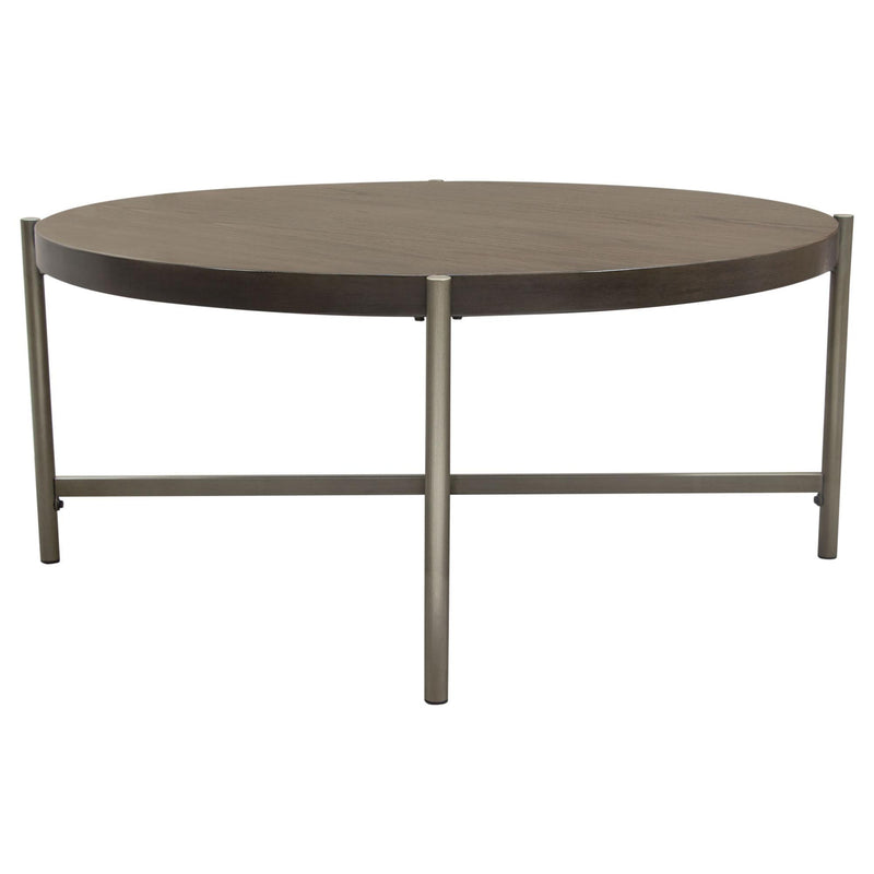 Atwood 40" Round Cocktail Table w/ Grey Oak Veneer Top & Brushed Silver Metal Base by Diamond Sofa - R&R Furniture Gallery (Fountain Valley, CA)