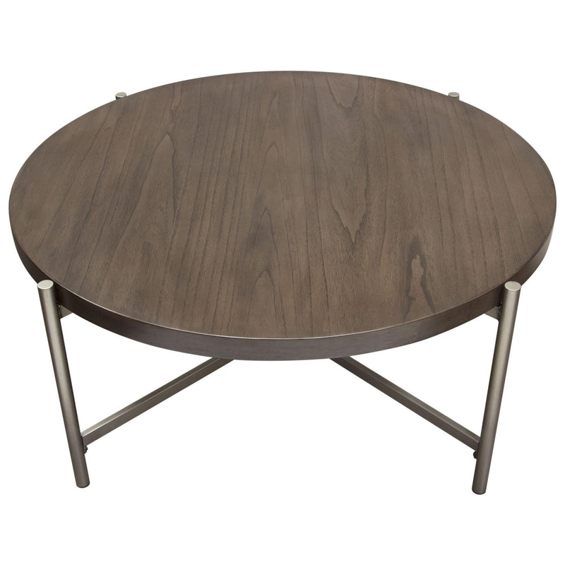 Atwood 40" Round Cocktail Table w/ Grey Oak Veneer Top & Brushed Silver Metal Base by Diamond Sofa - R&R Furniture Gallery (Fountain Valley, CA)