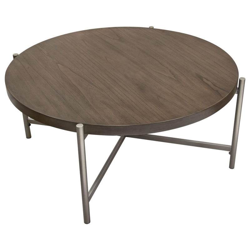 Atwood 40" Round Cocktail Table w/ Grey Oak Veneer Top & Brushed Silver Metal Base by Diamond Sofa - R&R Furniture Gallery (Fountain Valley, CA)