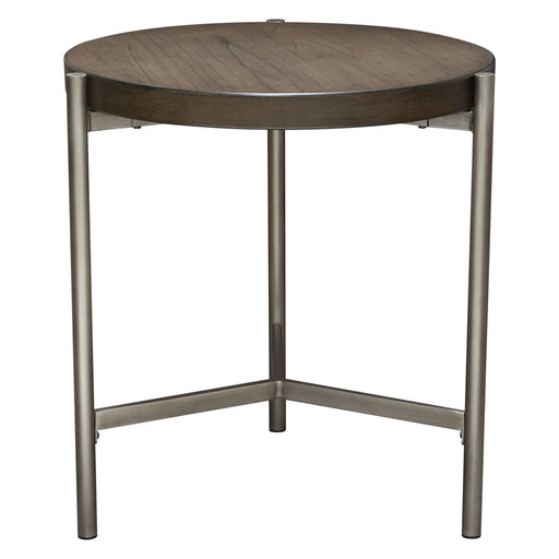 Atwood 22" Round End Table w/ Grey Oak Veneer Top & Brushed Silver Metal Base by Diamond Sofa - R&R Furniture Gallery (Fountain Valley, CA)