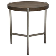 Atwood 22" Round End Table w/ Grey Oak Veneer Top & Brushed Silver Metal Base by Diamond Sofa - R&R Furniture Gallery (Fountain Valley, CA)
