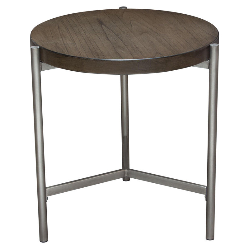 Atwood 22" Round End Table w/ Grey Oak Veneer Top & Brushed Silver Metal Base by Diamond Sofa - R&R Furniture Gallery (Fountain Valley, CA)