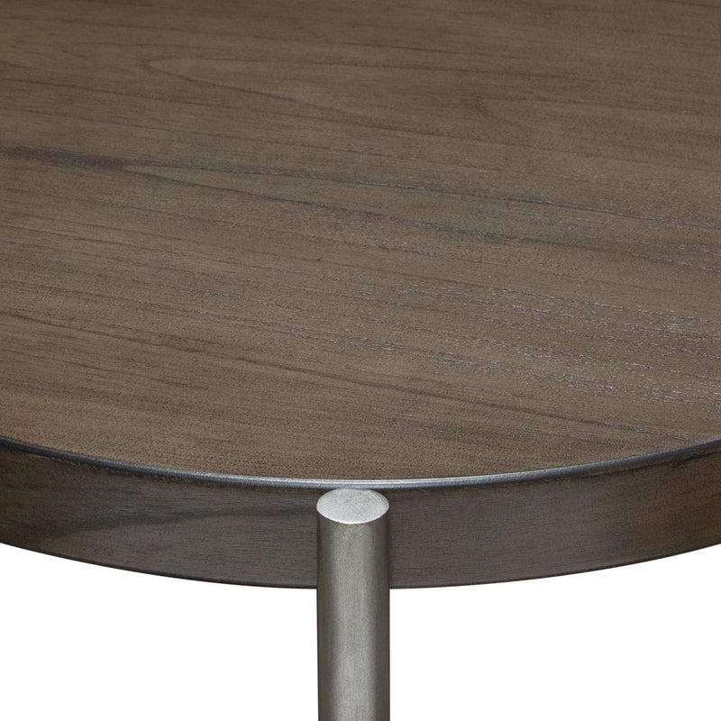 Atwood 22" Round End Table w/ Grey Oak Veneer Top & Brushed Silver Metal Base by Diamond Sofa - R&R Furniture Gallery (Fountain Valley, CA)