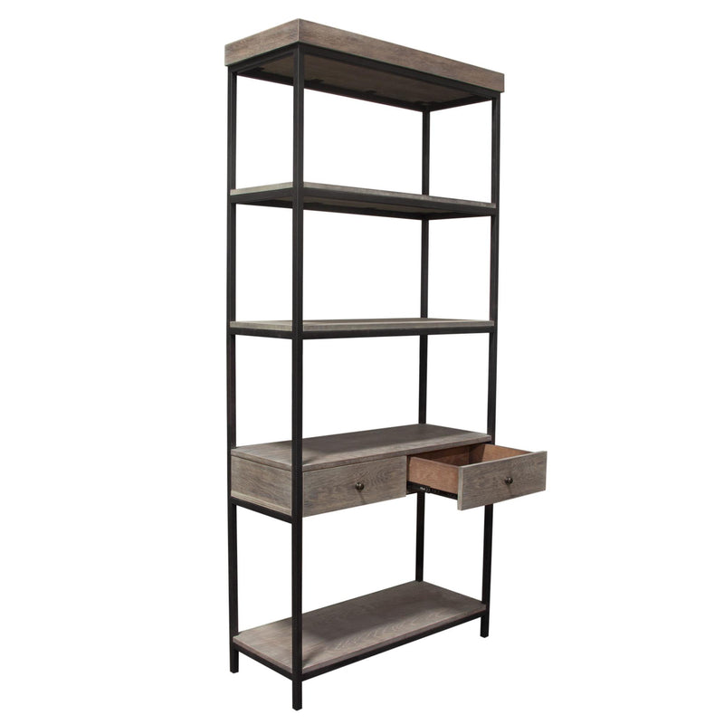 Sequoia 87" 2-Drawered Shelf Unit in Grey Oak Finish with Iron Frame by Diamond Sofa - R&R Furniture Gallery (Fountain Valley, CA)
