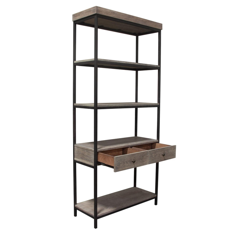 Sequoia 87" 2-Drawered Shelf Unit in Grey Oak Finish with Iron Frame by Diamond Sofa - R&R Furniture Gallery (Fountain Valley, CA)