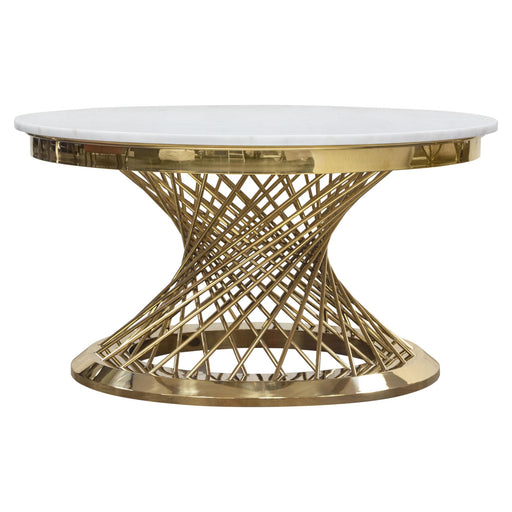 Solstice 35" Round Cocktail Table with Genuine Marble Top and Polished Gold Spiral Spoked Base by Diamond Sofa - R&R Furniture Gallery (Fountain Valley, CA)